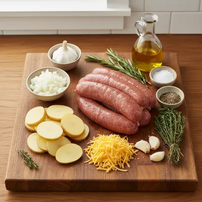 Beef Sausage Cheesy Potato Casserole - ingredients preparation