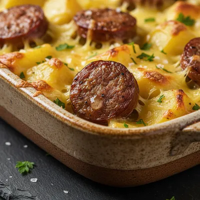 Beef Sausage Cheesy Potato Casserole