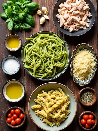 Easy Chicken Pesto Pasta Salad - ingredients preparation