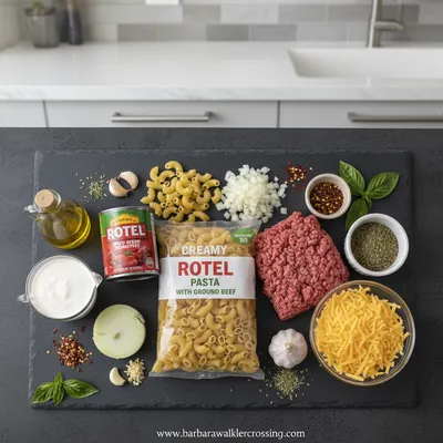 Creamy Rotel Pasta With Ground Beef - ingredients preparation