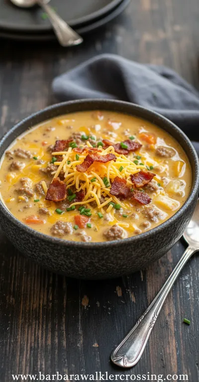 Creamy Slow Cooker Cheeseburger Soup - ready to serve