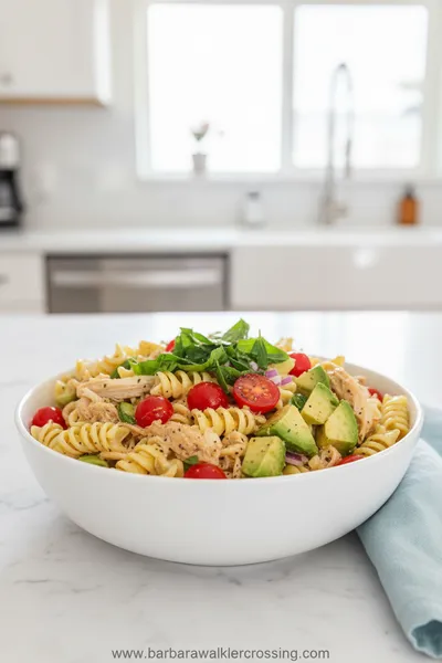 Healthy Chicken Pasta Salad with Avocado, Tomato, and Basil