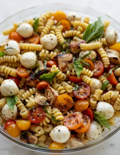 Layered Grilled Chicken Caprese Pasta Salad