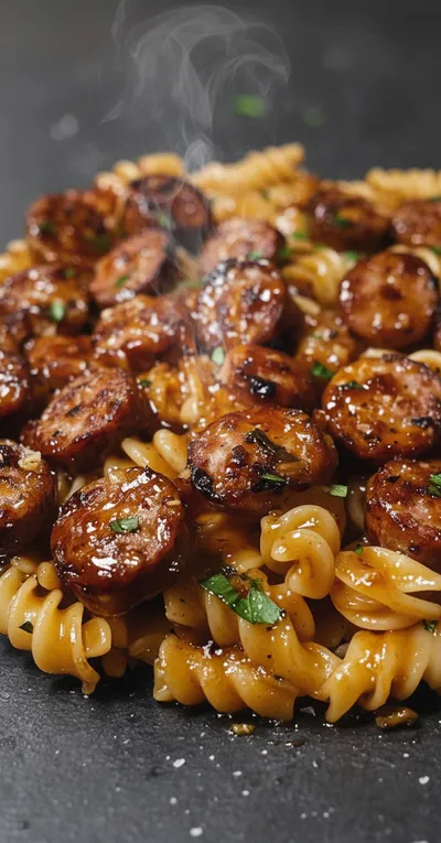 Sticky Honey Garlic Beef Sausage Pasta Skillet