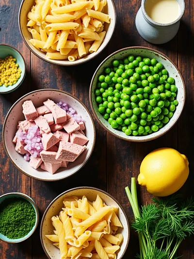 Tuna Pasta Salad with Peas - ingredients preparation